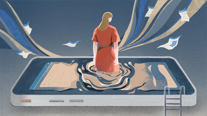 Illustration of a person standing in pool-like water within a smartphone.