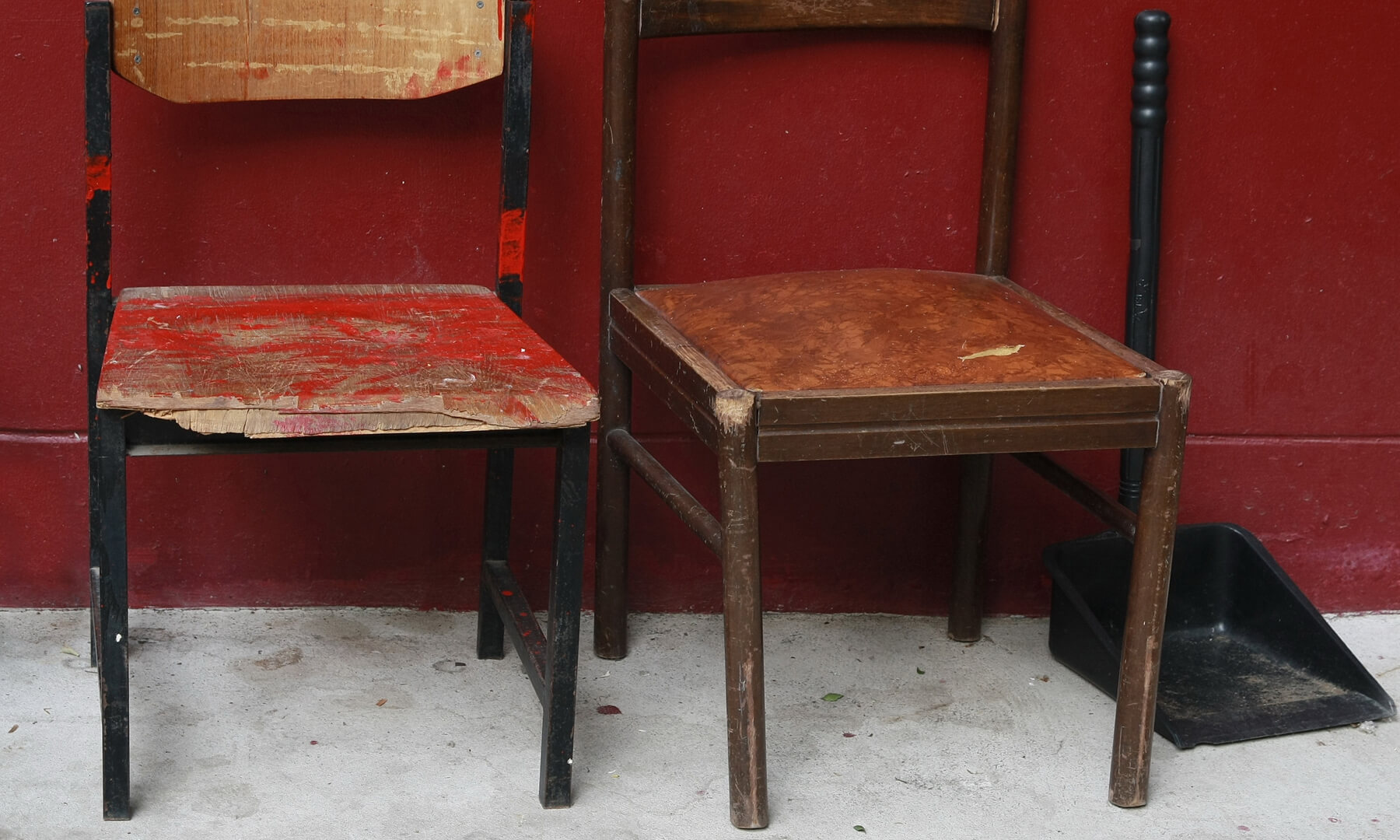 class- red- chairs- wood- broken- wall- empty