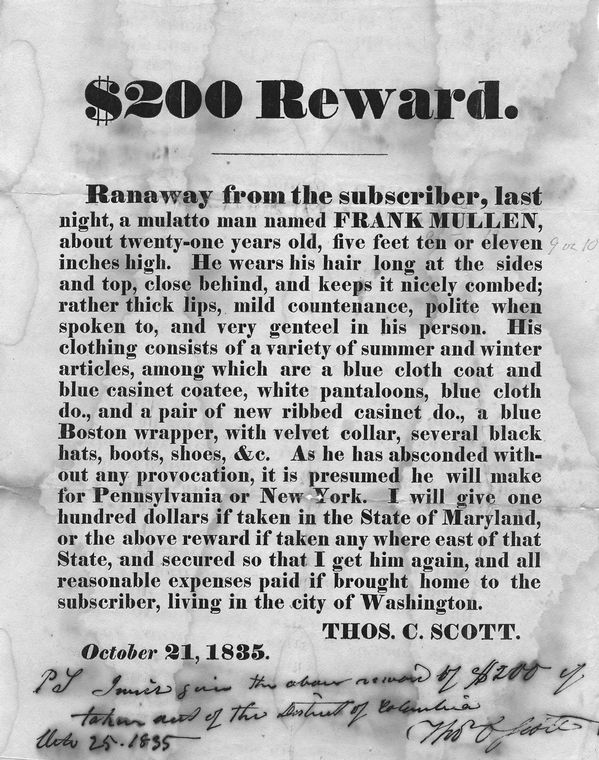 reward/advertisement for runaway slaves