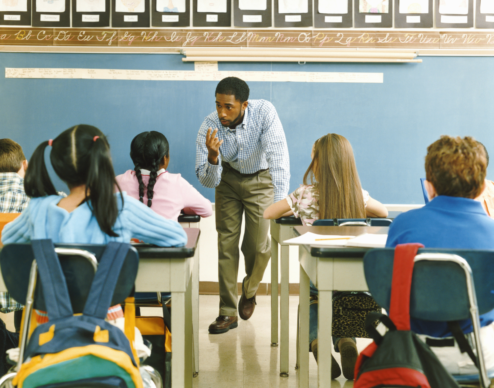 African-American Male Teacher, Students, Blackboard, Chalkboard, 