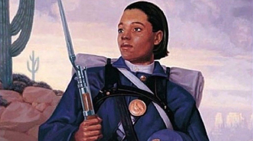 Formerly enslaved Cathay Williams, in an Army uniform, carrying a rifle.