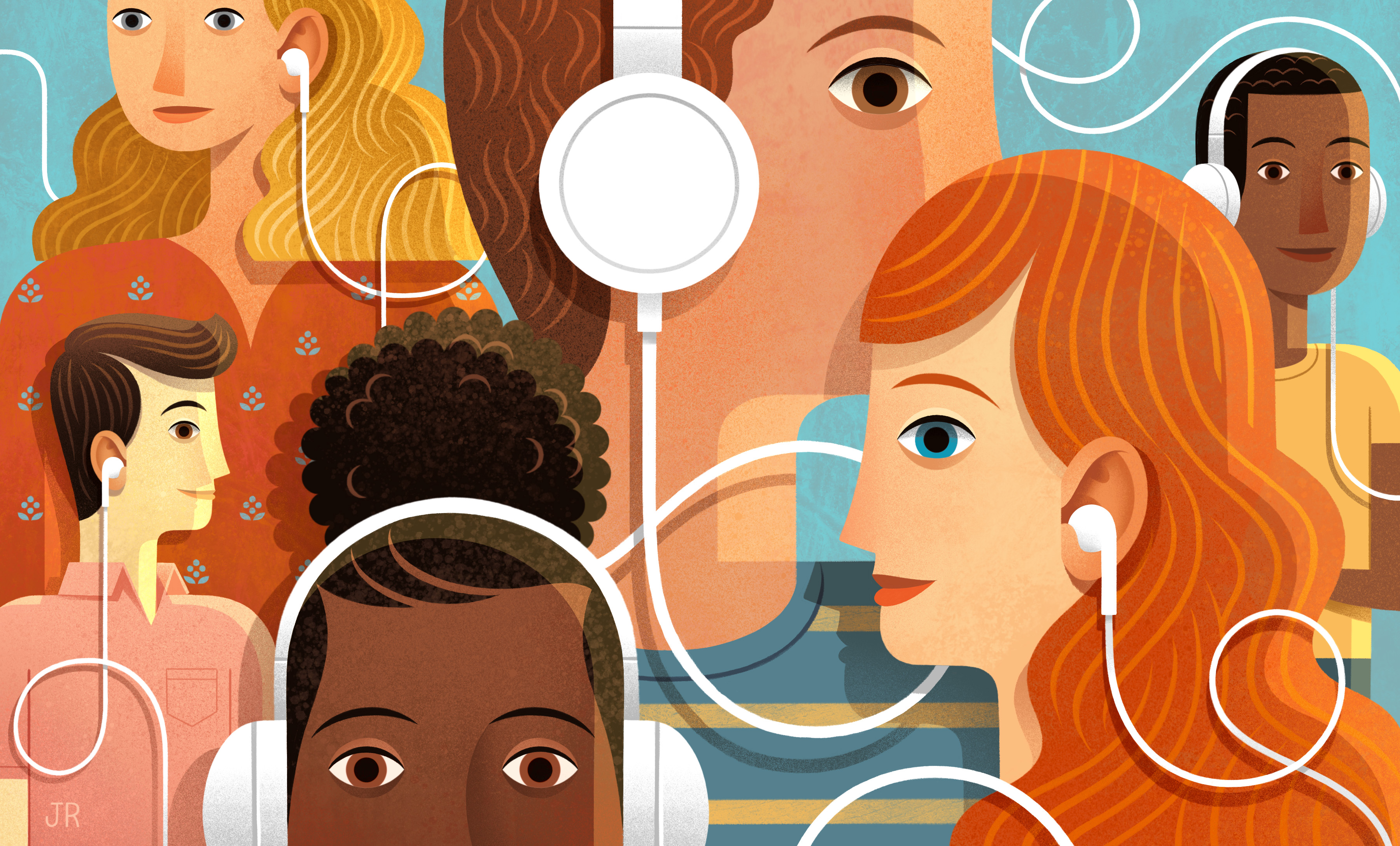 People with headphones on illustration by Jon Reinfurt.