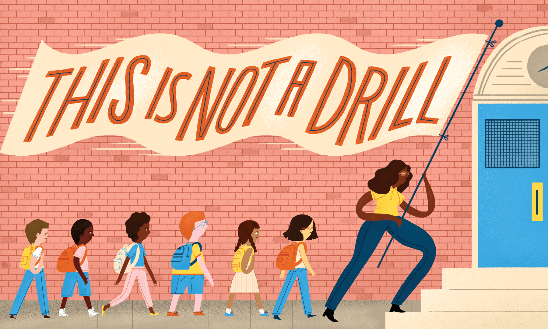 This is not a drill, Illustration, Teacher, Students, Flag, School Building