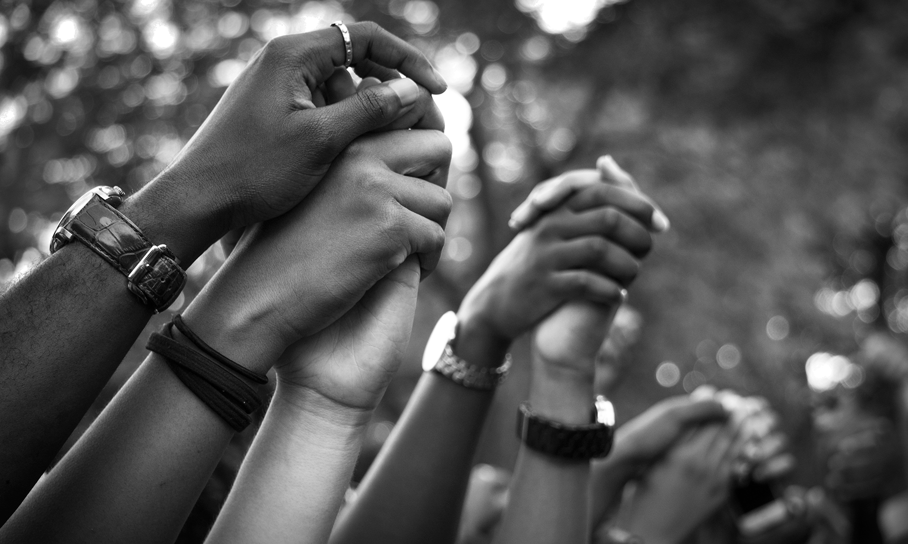 Multiple hands lifted into the air, holding each other.
