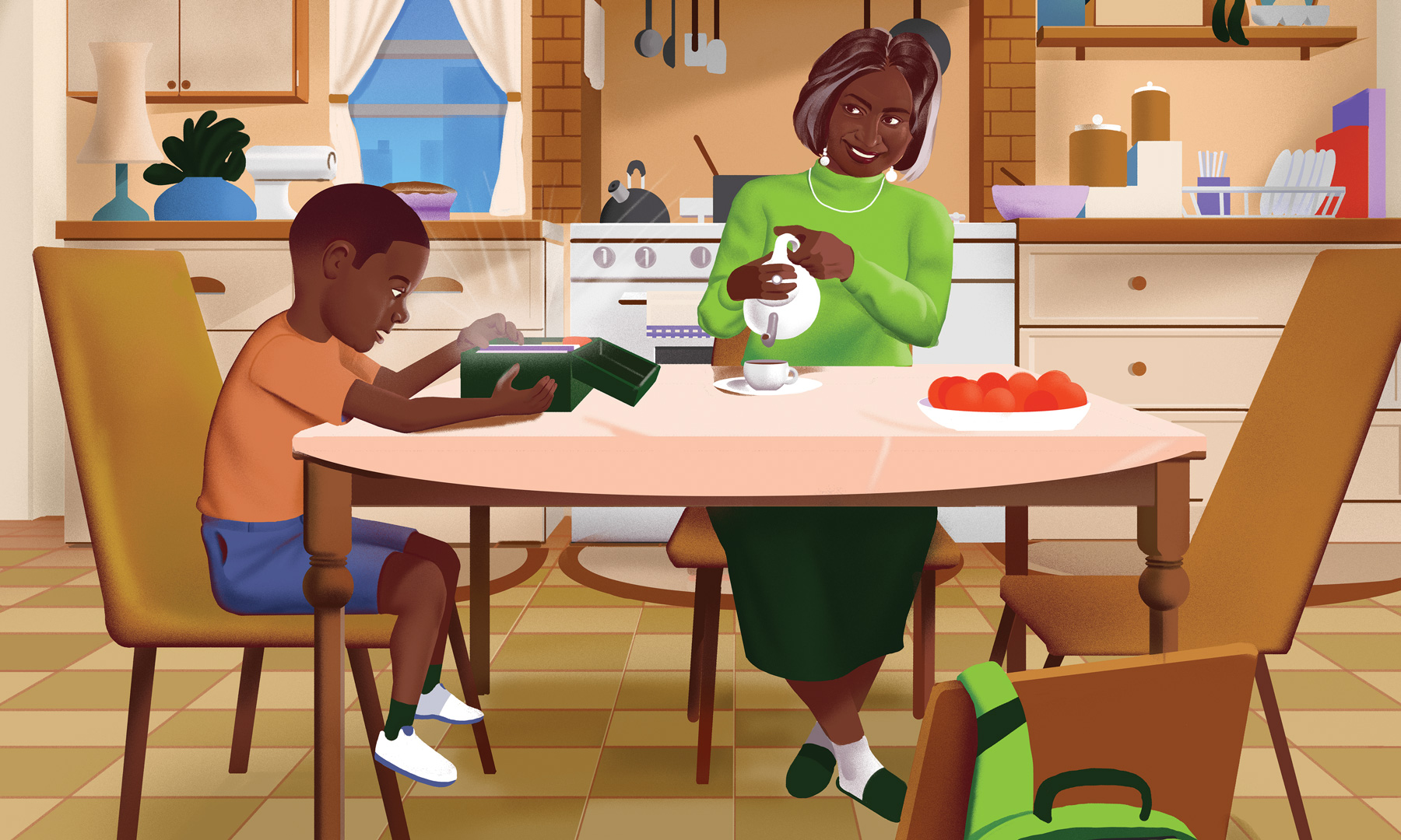 Illustration of a grandson and grandmother at a table together.