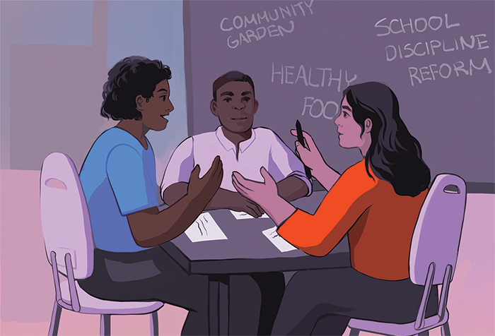 Illustration of various people talking at a table.