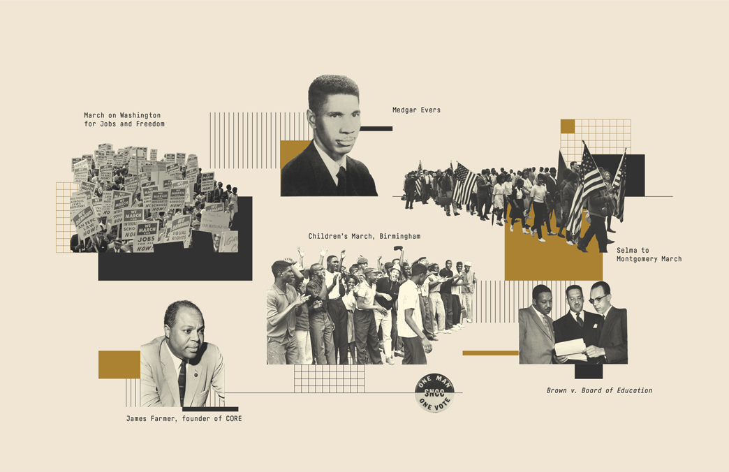 Photo collage of historic civil rights moment and figures.