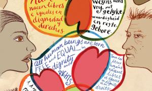 An illustration that depicts Article 1—“All human beings are born free and equal in dignity and rights"—of the UN Declaration of Human Rights.