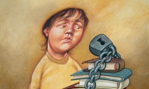 Teaching Tolerance illustration  of a kid looking at a pile of book with a chain around them