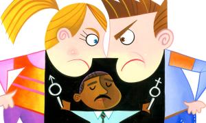 Teaching Tolerance illustration of two kids of different genders 'facing-off' being separated by their teacher