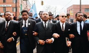 Dr. Martin Luther King Jr. leading a march in Selma, Ala., 1965. Flanking him, Rev. Ralph Abernathy, James Forman, Rev. Jesse Douglas, John Lewis.