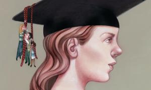 Illustration of students hanging onto the tassel of another students graduation cap