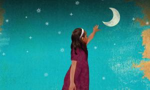 Illustration of a young girl or woman reaching for the moon