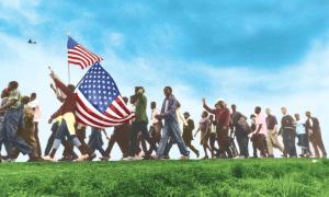 Illustration of a civil rights march across grass