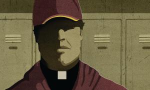 Teaching Tolerance illustration of Coach with clerical collar inside a locker room