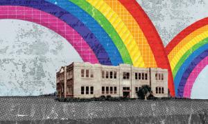 Teaching Tolerance illustration rainbows over school building
