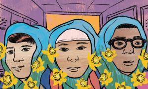 Illustration of three students wearing traditional Muslim headwear
