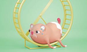 Illustration of a hamster collapsed in its wheel