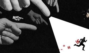 Illustration of disembodied hands pointing and shining a spotlight on a running victim surrounded by hate symbols