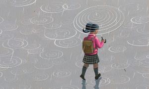 Illustration of girl wading through rain puddles