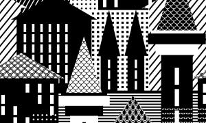 black and white illustration, houses and rooftops