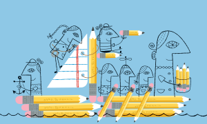 people sailing on a pencil ship