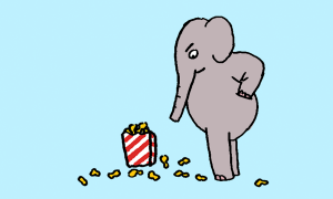 Elephant looking disapprovingly at a box of peanuts on the ground