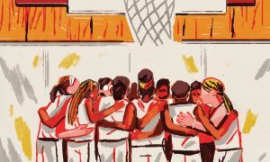Illustration of a girls' basketball team huddle underneath the basket