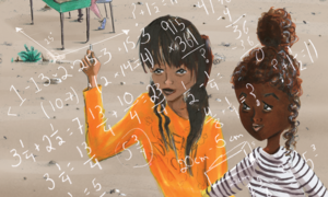 Illustration of two girls writing and looking at math equations together.