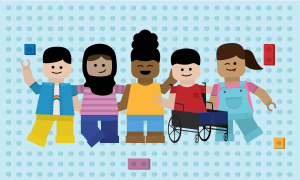 Children, in the style of Lego figures, embracing each other.