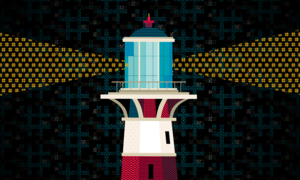 Illustration of a lighthouse shining a light made up of hashtag symbols.