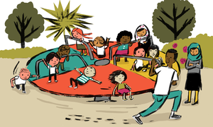 Illustration of a diverse group of students being spun around on a pinwheel on a playground by a teacher of color.