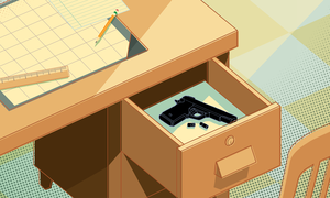Illustration of a gun inside of a desk drawer.