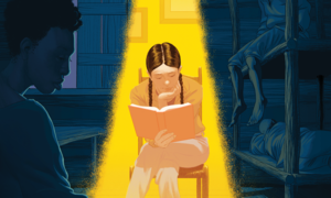 Illustration of a young person reading under a yellow light while surrounded by a scene from the book they are reading.