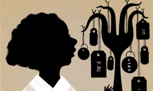 Silhouette-style illustration featuring a young person looking at a fork whose individual prongs are bent under the weight of hanging price tags.