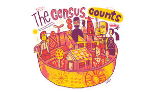 Illustration of a "tall" pie chart whose various sections contain different stylized people. The title "The Census Counts" sits above everything.