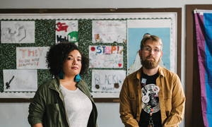 Clarice Brazas and Charlie McGeehan together in a classroom.