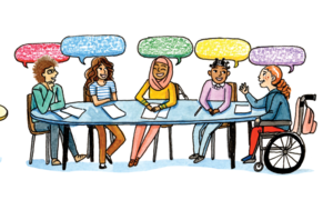 Illustration of five diverse young people sitting at a table together conversing, indicated via colorful speech bubbles.