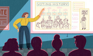 Illustration of a teacher figure pointing to a slide featured on a pulled down screen that is titled "Voting History." Several shadowed figures sit in the foreground, looking at the displayed information.