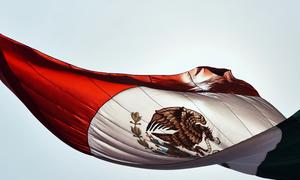 A photo of the Mexican flag blowing in the wind.