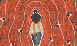 Illustration of young child surrounded by angry eyes.