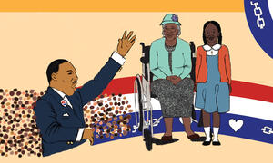 Illustration of Dr. Martin Luther King, Jr. and people listening to him.