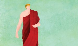 Illustration of a white man dressed in a red toga.
