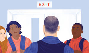 Illustration of a police officer heading towards and exit with students looking on.