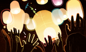 Illustration of paper lanterns flying into the air.