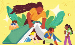 Illustration of students emerging from under a giant book.