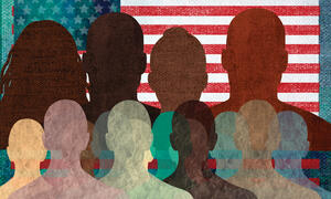 Illustration of several varied silhouettes in front of the American flag.