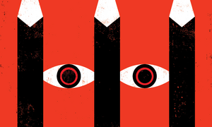 Illustration of eyes peering from behind bars shaped like pencils.