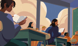 Illustration of students reading in class.