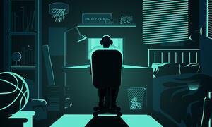 Illustration of a person sitting in front of a computer monitor.